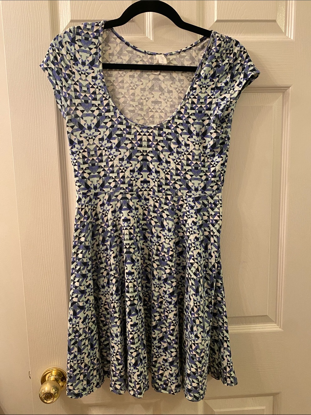 Aeropostale Blue & White Geometric Cap-Sleeve Skater Dress